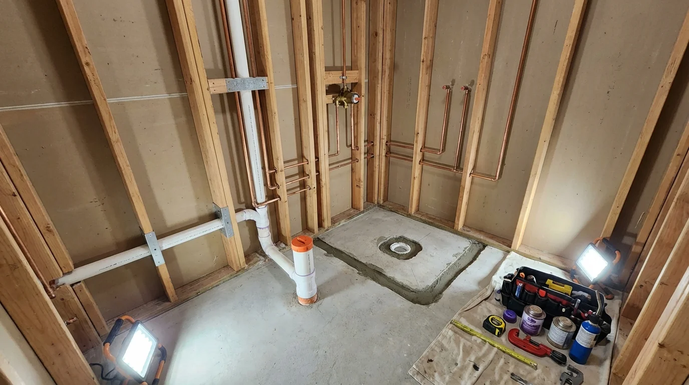 Bathroom rough-in plumbing during remodel by Johns Plumbing LLC in Riverview