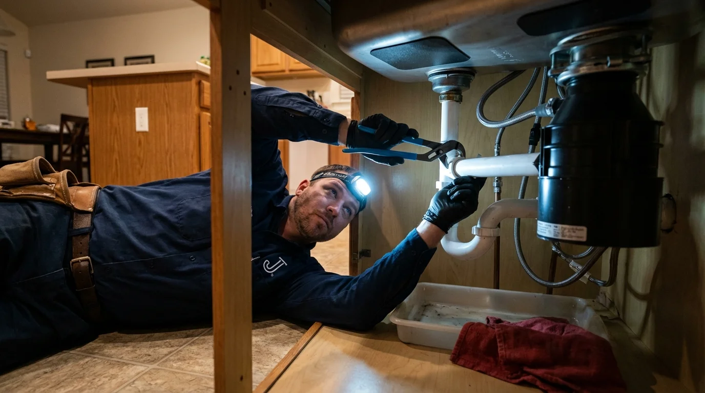 P-trap and supply line connections under a kitchen sink showing a common leak point in Riverview, FL